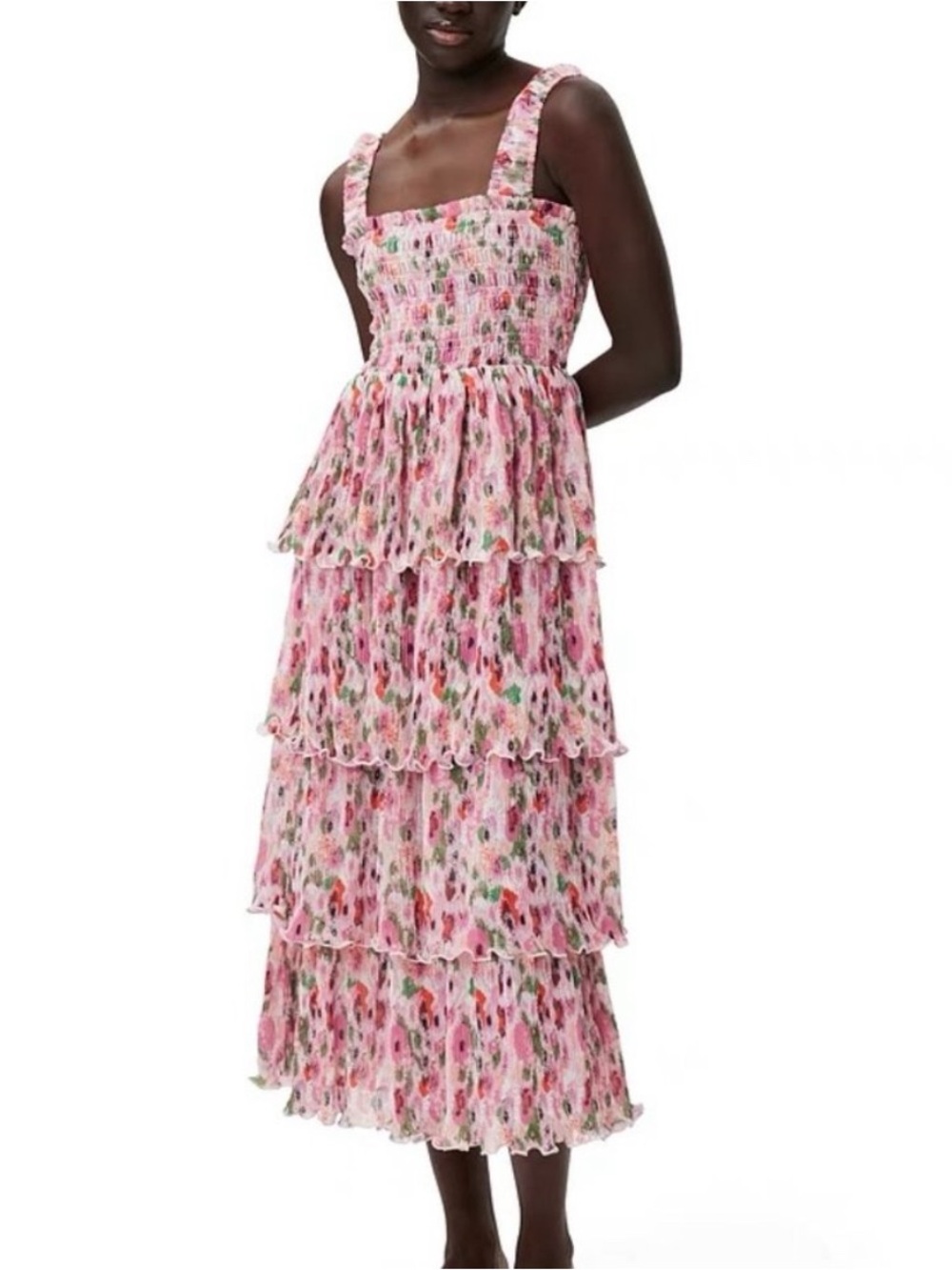 GANNI Pink Floral Smocked Georgette Midi Dress size 42/ US 10-12